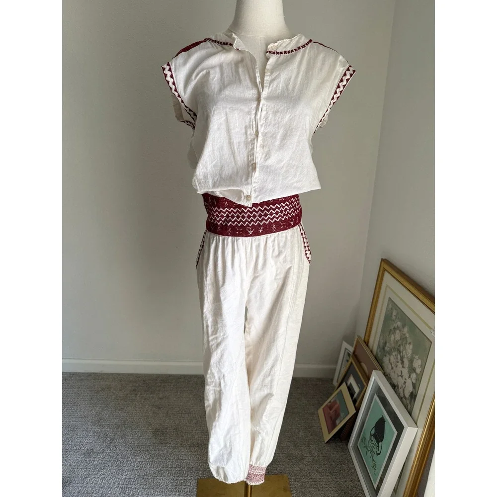 Flannel Austrailia Burgundy Cream Embroidered Cotton Jumpsuit Boho Chic Small - Picture 1 of 15